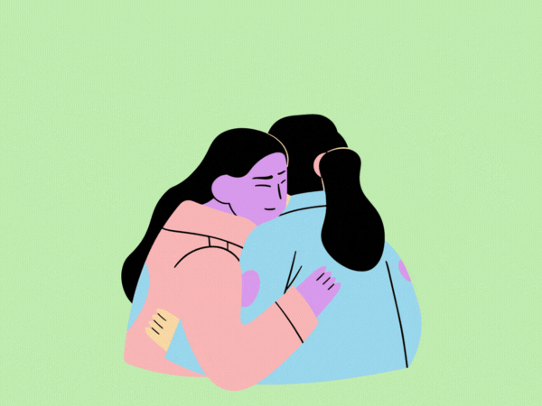 Start the conversation. (Image shows two femme people hugging)