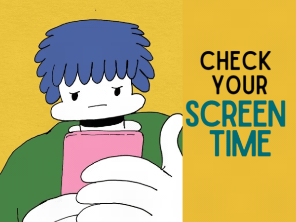 Text on the image reads "Check Your Screen Time" next to an animation of a person texting rapidly.