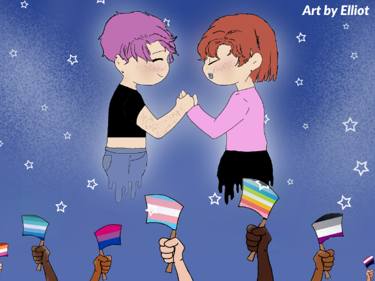 Two teens holding hands with pride flags below