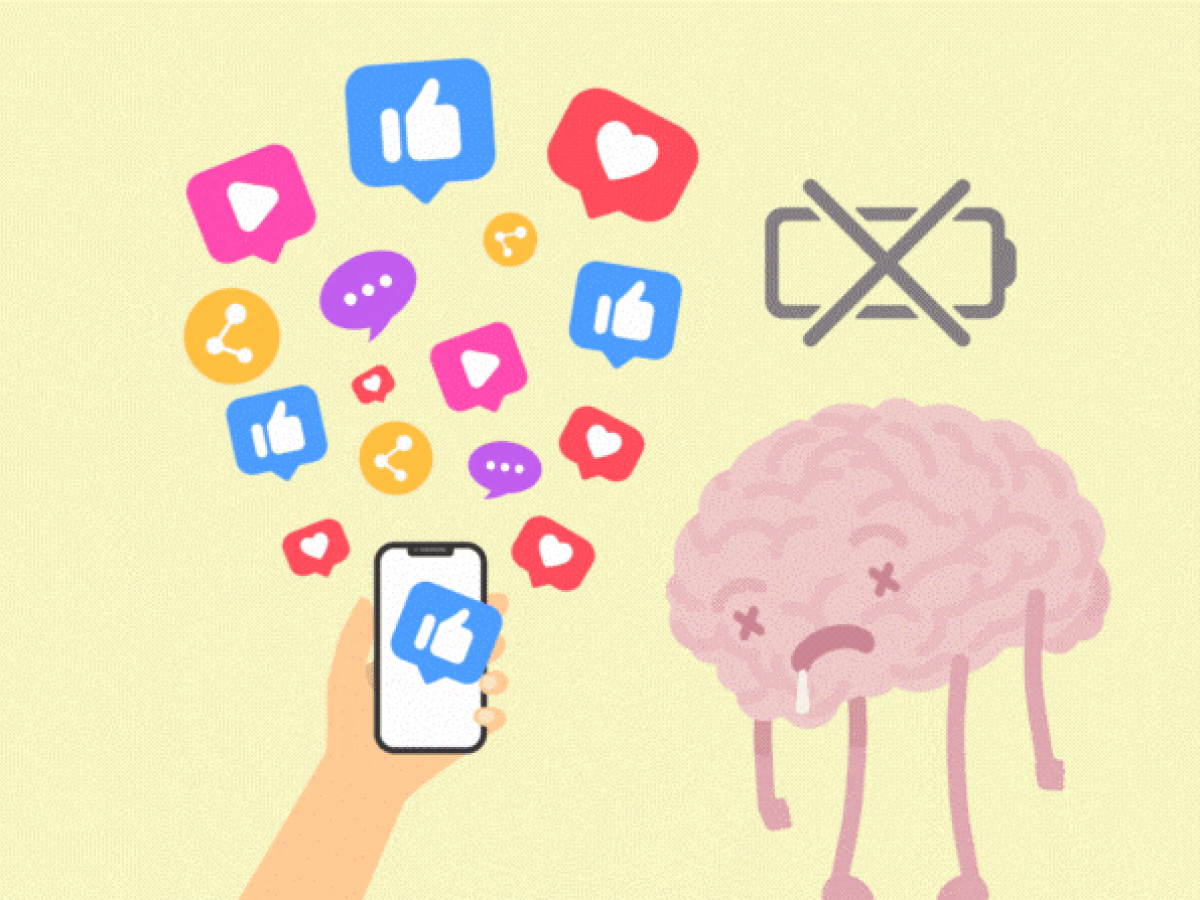 A brain is burnt out from all the notifications on its phone.