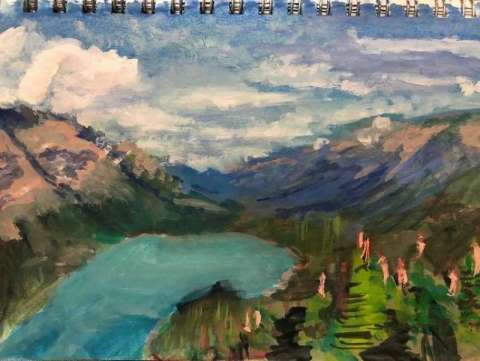 An oil paints of a mountain valley with green trees and a crystal blue lake.