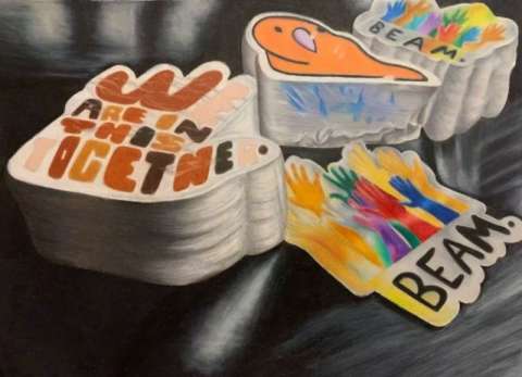 An oil painting of four stacks of stickers that support equality and togetherness.