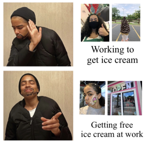 Meme: Holding hand up, "Working to get ice cream." smiling and pointing, "Getting free ice cream at work"