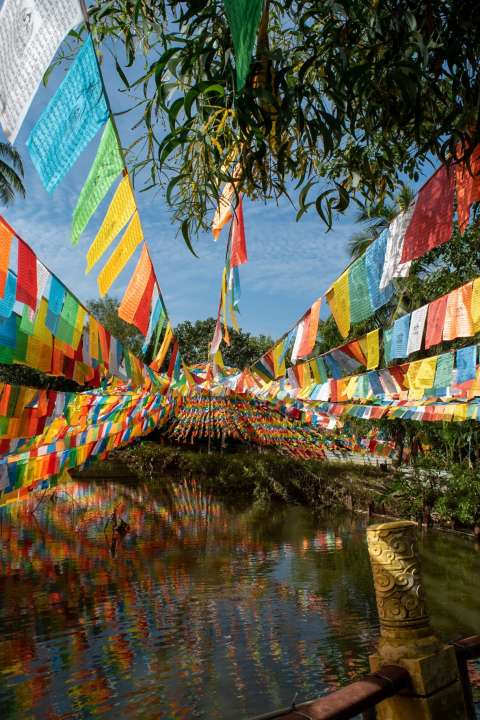 Colorful flags above a river